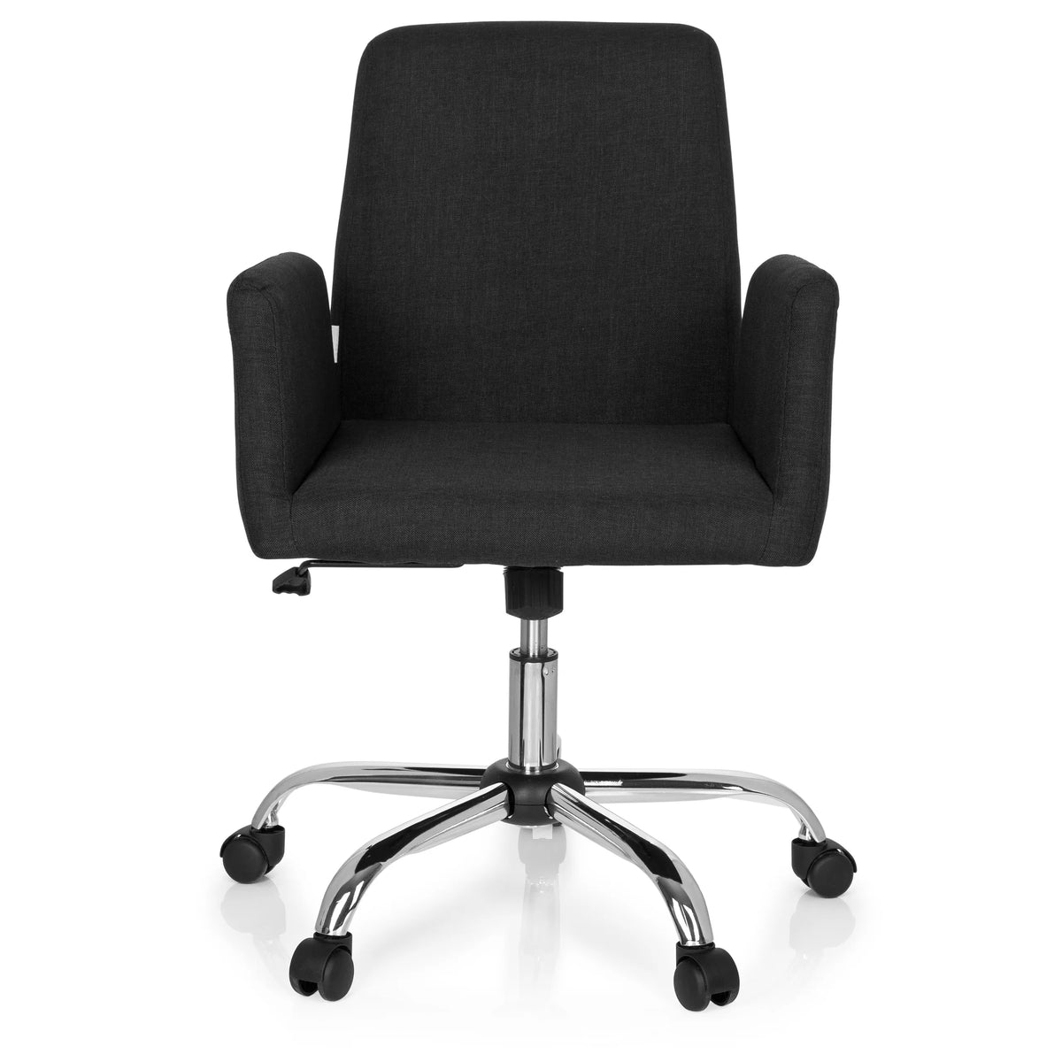 Silla Home Office FLOW negra con reposabrazos y base brillante de cinco ruedas de hjh OFFICE – vista de 360° (vista frontal 0°)