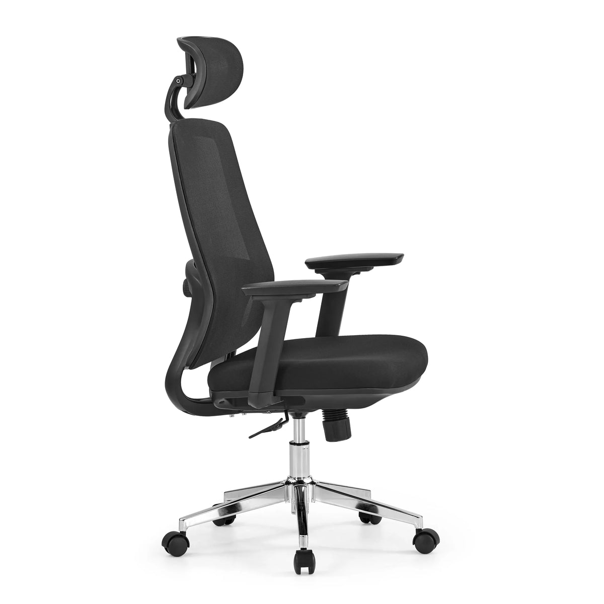 Silla de oficina profesional Ergosento en color negro con respaldo de malla, reposacabezas y base de cinco ruedas de hjh OFFICE – vista de 360° (vista lateral 75°)