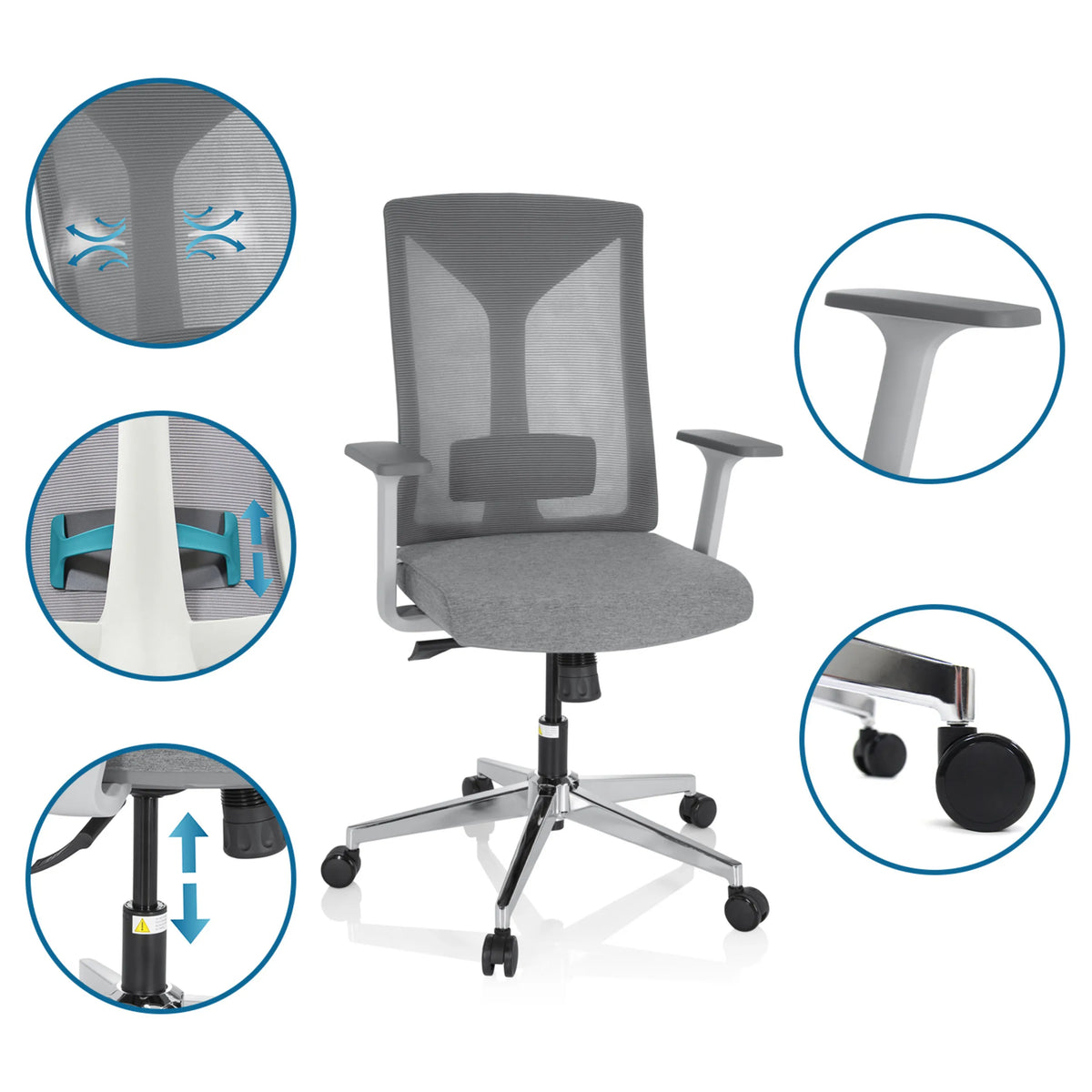 Silla de oficina profesional HALIFAX gris con detalles del respaldo de malla, reposabrazos, pistón y ruedas de hjh OFFICE