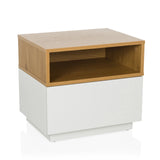 Mesa auxiliar MELMO blanca con un estante efecto roble de hjh LIVING – vista de 360° (vista frontal 15°)