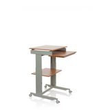 Escritorio de pie WORKSTATION gris en haya con superficie de almacenamiento y cuatro ruedas de hjh OFFICE – vista de 360° (vista frontal en diagonal 60°)