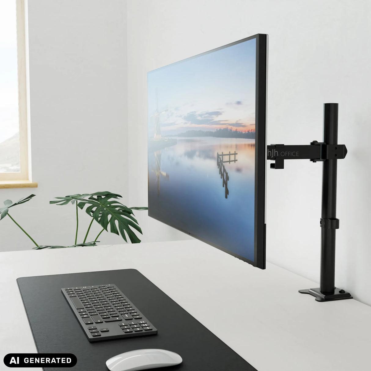 Soporte de monitor Ergomount M1 negro con una pantalla fijada a un escritorio de hjh OFFICE (imagen generada por IA)