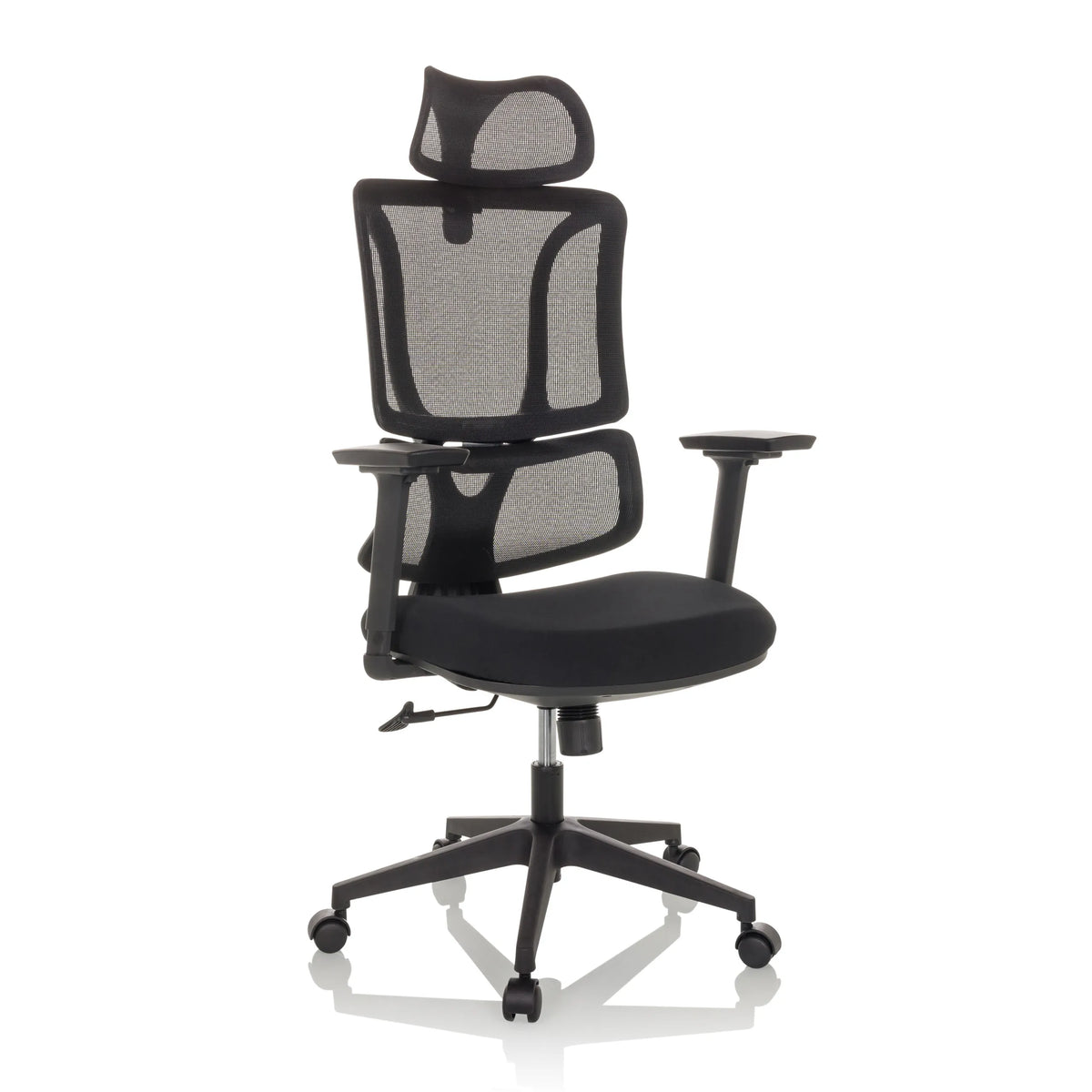 Silla Home Office ERGOMY negra con respaldo de malla y base de cinco ruedas de MyBuero – vista de 360° (vista frontal en diagonal 30°)