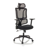 Silla Home Office ERGOMY negra con respaldo de malla y base de cinco ruedas de MyBuero – vista de 360° (vista frontal en diagonal 30°)