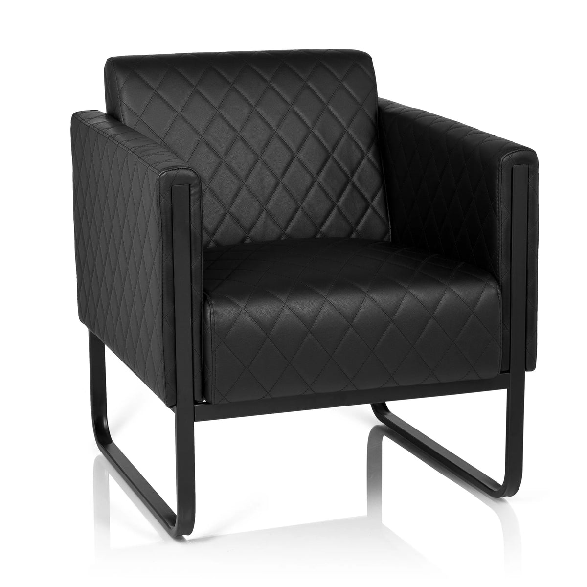 Sillón tapizada negro ARUBA BLACK con costuras de diamante y base de patín de hjh OFFICE – vista de 360° (vista frontal 20°)