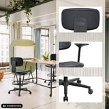 Silla de mostrador TOP WORK B negra con reposapiés y ruedas en diferentes vistas de hjh OFFICE (imagen generada por IA)