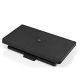 Reposapiés PIEDINO STRIPE PRO negro con superficie acanalada y botón rojo de hjh OFFICE – vista de 360° (vista frontal 16°)