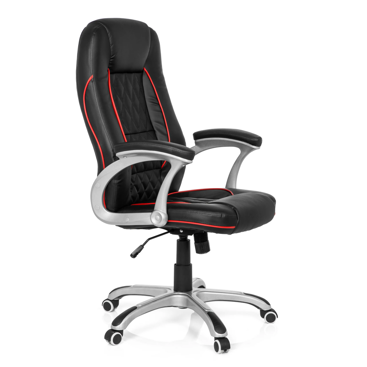 Silla gaming RELAX AB100 negra con costuras decorativas rojas, acolchado y base de cinco ruedas de MyBuero – vista de 360° (vista frontal en diagonal 60°)