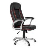 Silla gaming RELAX AB100 negra con costuras decorativas rojas, acolchado y base de cinco ruedas de MyBuero – vista de 360° (vista frontal en diagonal 60°)