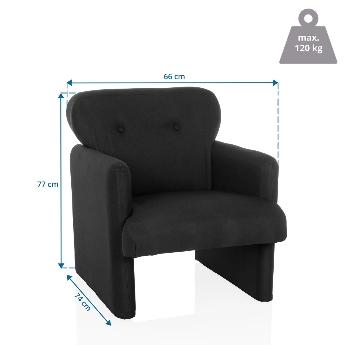 Dibujo dimensional del Sillón de diseño CARIPITO con 66 × 77 cm y una carga máxima de 120 kg de hjh LIVING