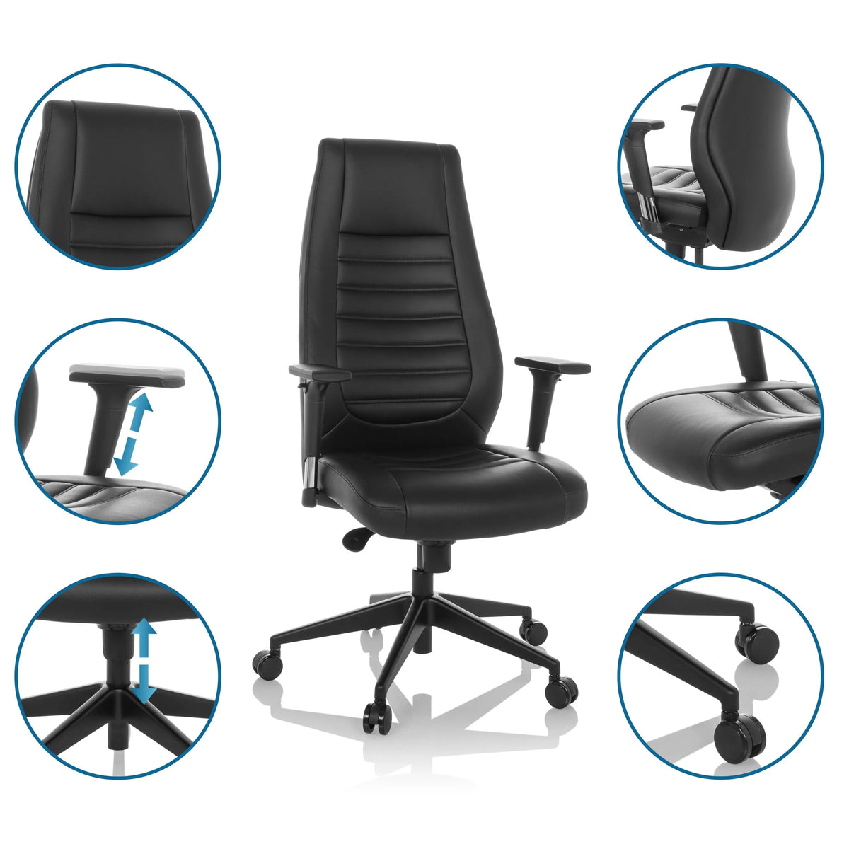 Sillón de oficina profesional VITORO B en negro con vistas detalladas de los reposabrazos, el asiento y el pistón de gas de hjh OFFICE