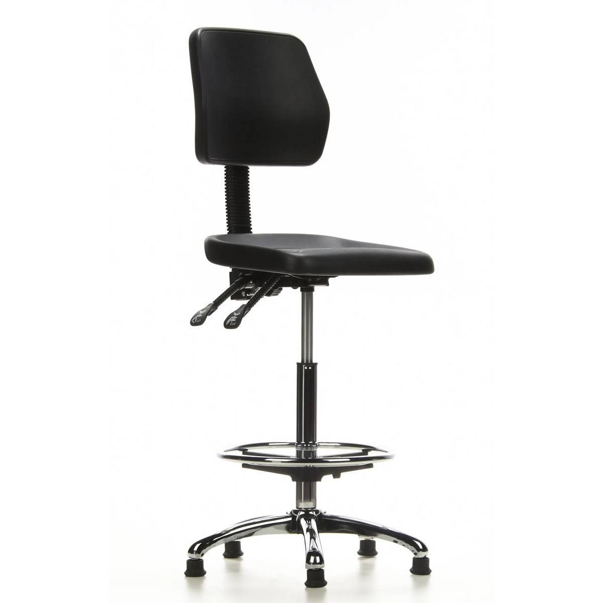 Silla de mostrador TOP WORK 11 negra con reposapiés y base de cinco radios de hjh OFFICE – vista de 360° (vista frontal en diagonal 40°)