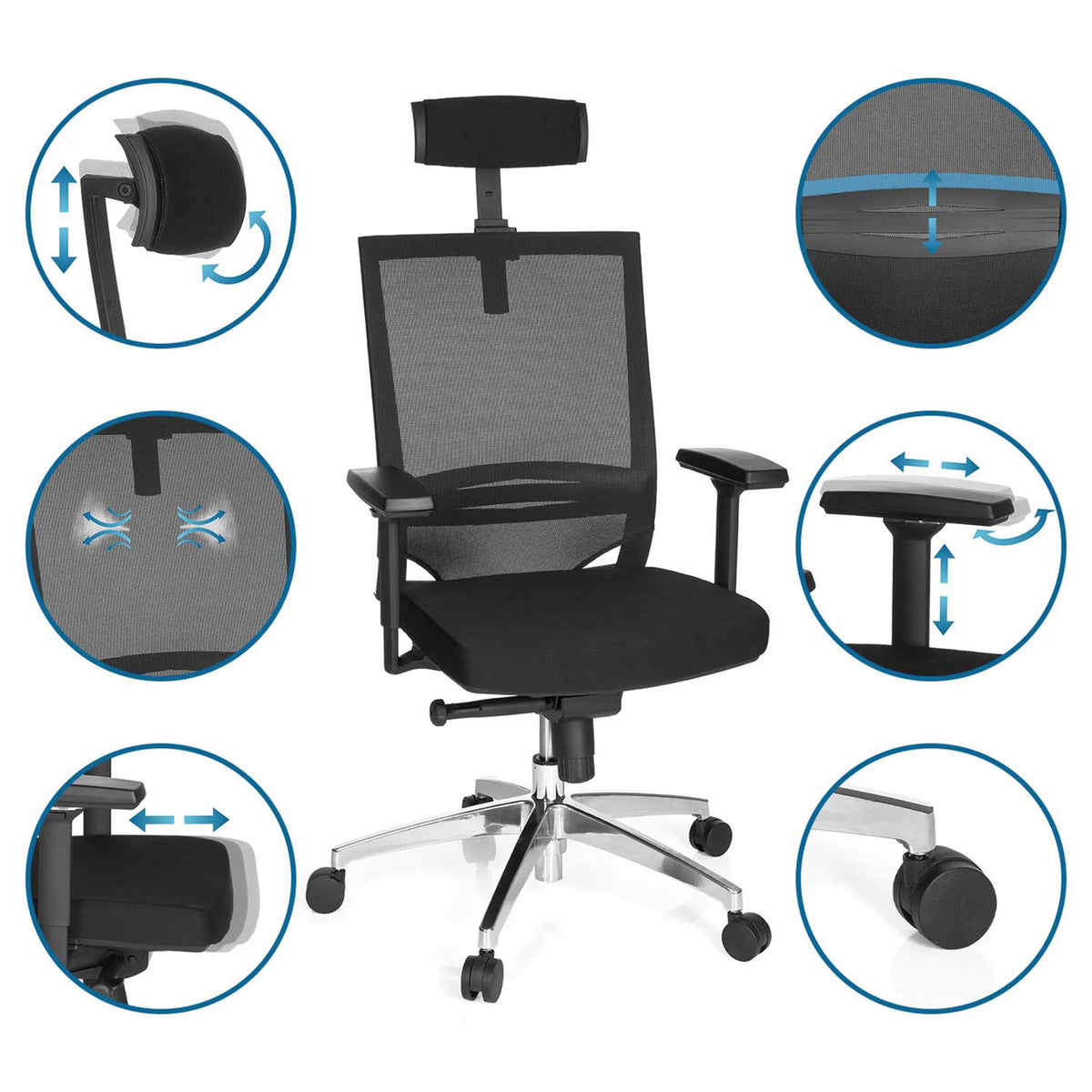 Detalles ajustables de la silla de oficina profesional PORTO MAX HIGH con reposacabezas, reposabrazos y respaldo de malla en negro de hjh OFFICE