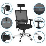 Detalles ajustables de la silla de oficina profesional PORTO MAX HIGH con reposacabezas, reposabrazos y respaldo de malla en negro de hjh OFFICE