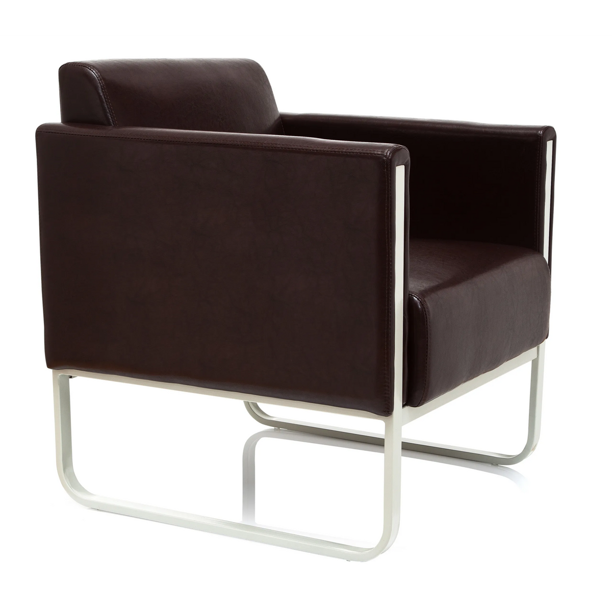 Sillón tapizado marrón ARUBA con estructura de metal blanca de hjh OFFICE – vista de 360° (vista frontal en diagonal 60°)