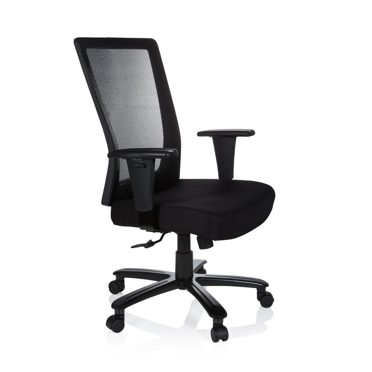 Silla giratoria XXL EXTENDER negra con respaldo de malla y base de cinco ruedas de hjh OFFICE – vista de 360° (vista frontal en diagonal 60°)
