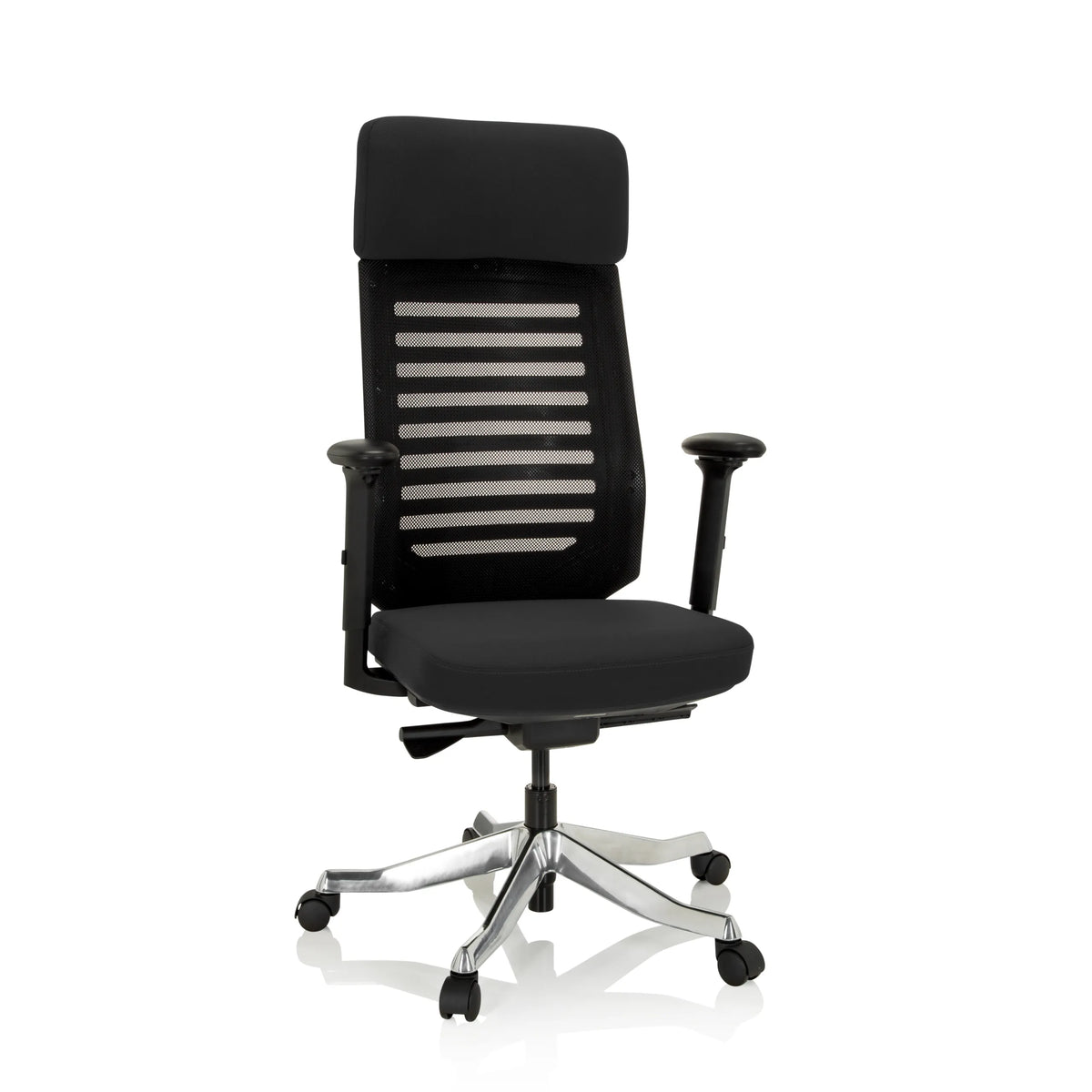 Silla de oficina profesional ASGON negra con respaldo de malla y base de cinco ruedas de hjh OFFICE – vista de 360° (vista frontal 20°)