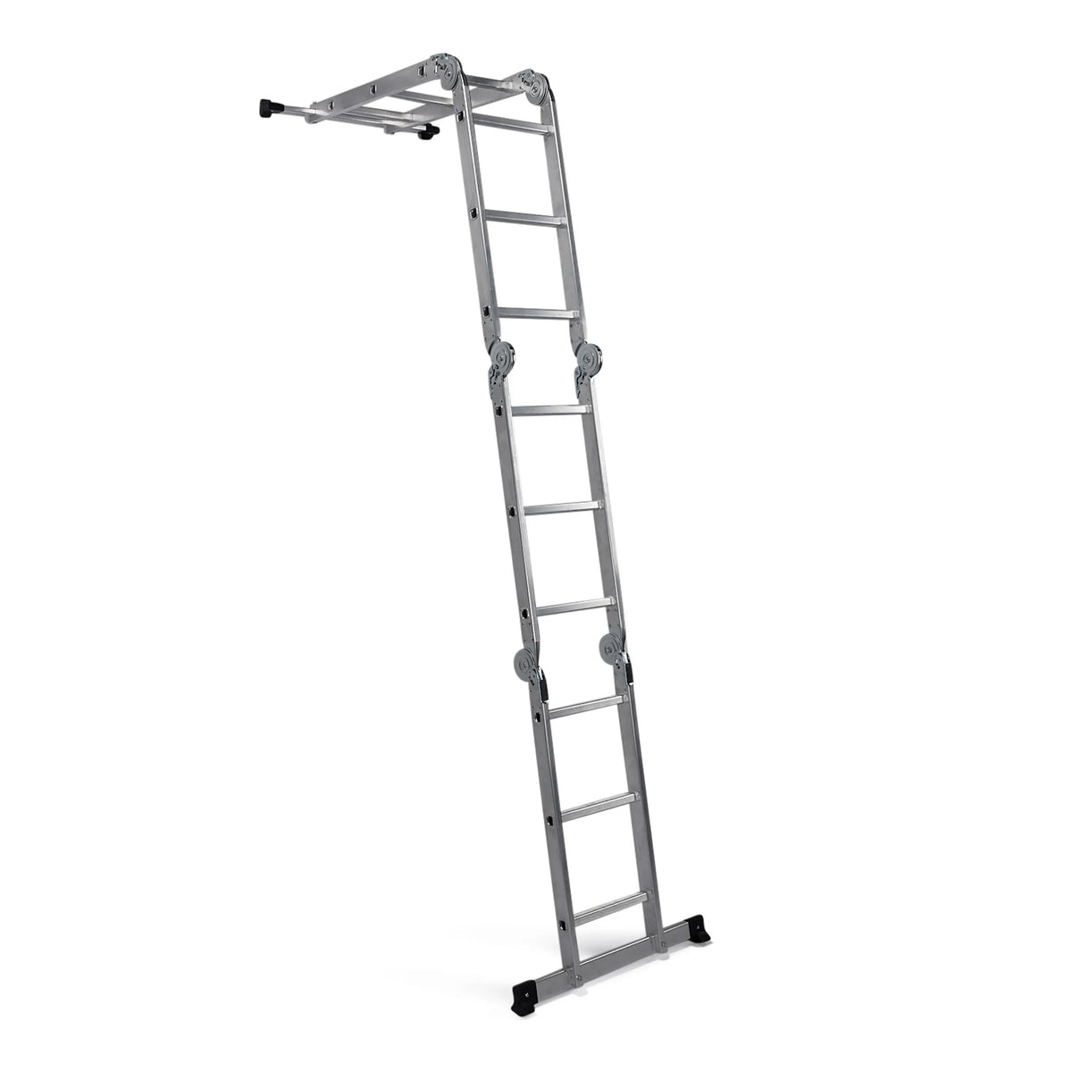 Escalera plegable SOLID W3 de aluminio plateada con doce peldaños de hjh OFFICE – vista de 360° (vista trasera en diagonal 144°)