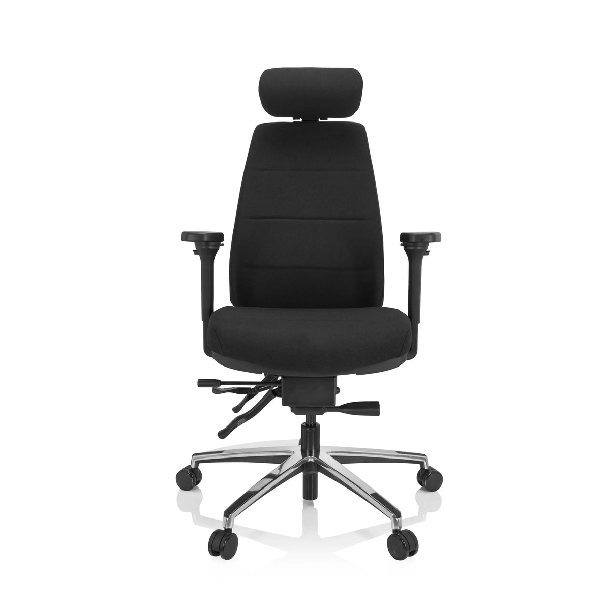 Silla de oficina profesional PHOENIX PRO I negra con reposacabezas y base de cinco ruedas de hjh OFFICE – vista de 360° (vista frontal 0°)