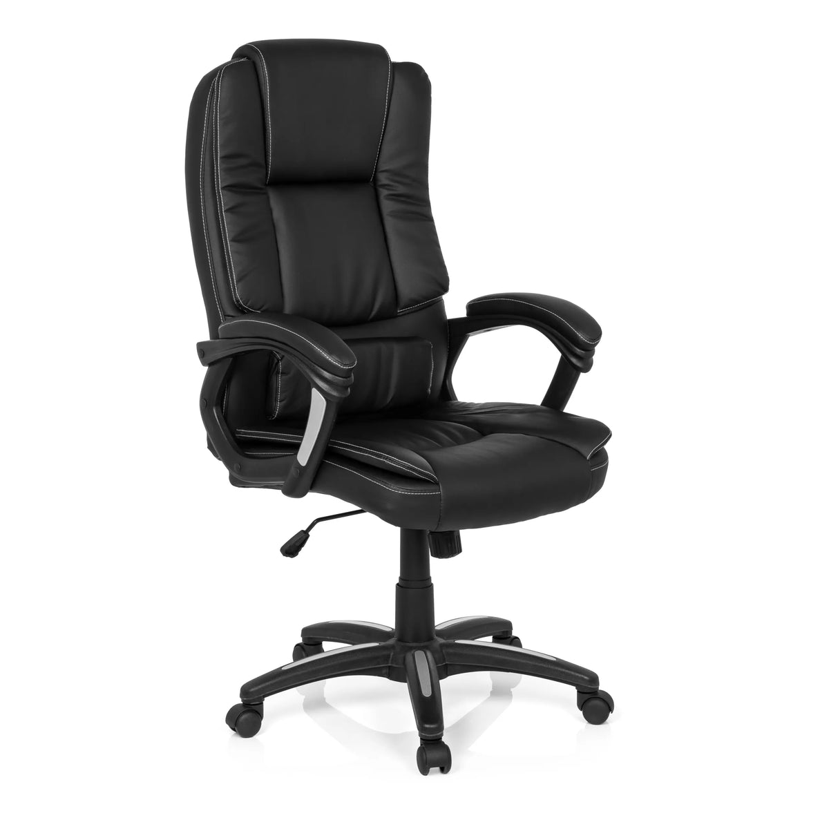 Silla Home Office RELAX CL120 negra con acolchado y base de cinco ruedas de MyBuero – vista de 360° (vista frontal en diagonal 40°)