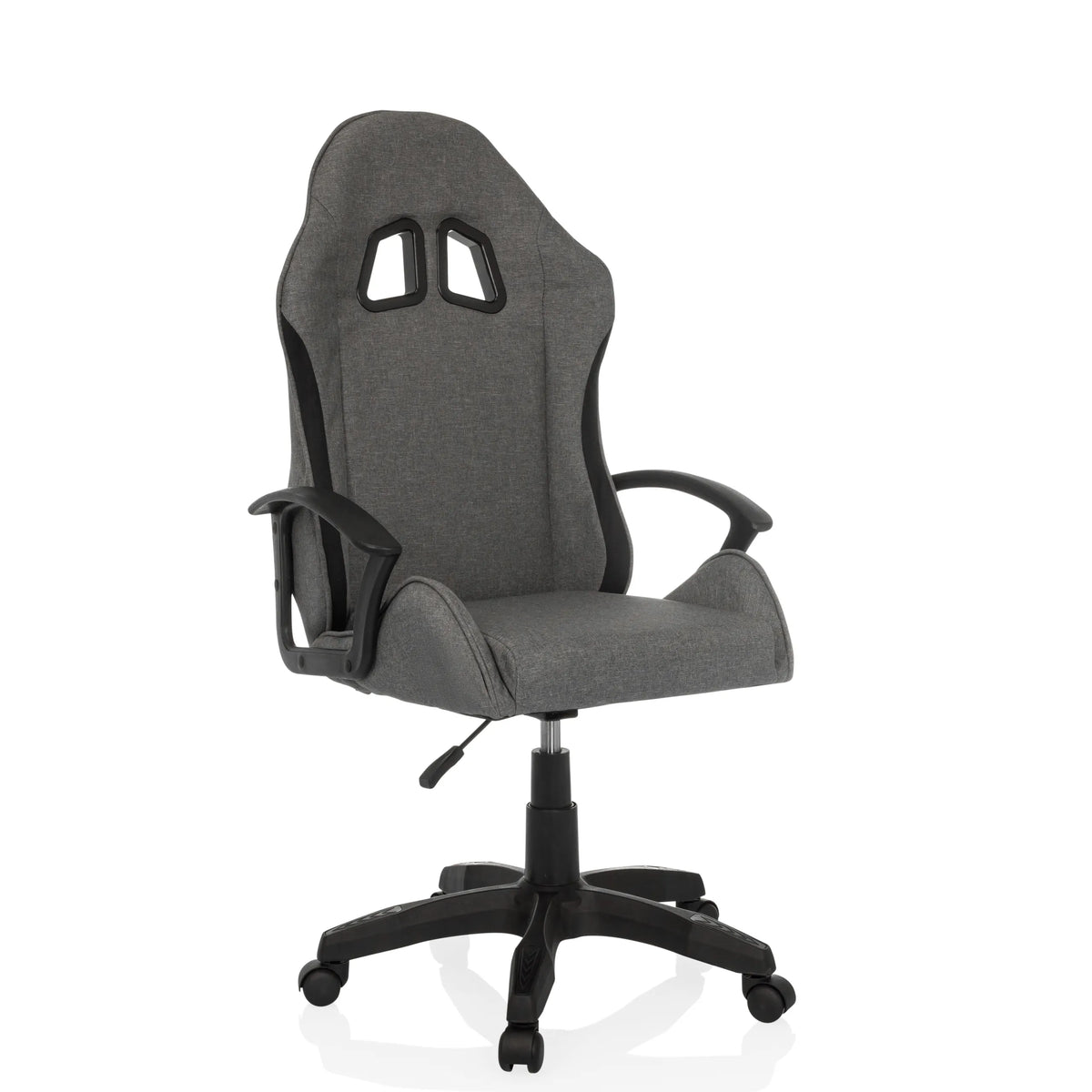 Silla gaming GAMEBREAKER W01 gris con dos aberturas para el reposacabezas y base de cinco ruedas de MyBuero – vista de 360° (vista frontal en diagonal 30°)
