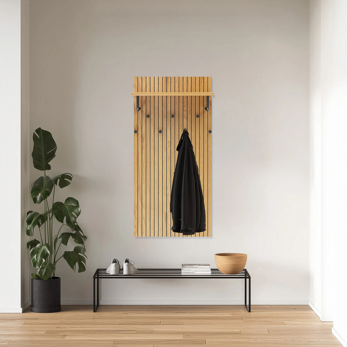 Perchero de pared LINNO SPACE de madera de roble con ganchos negros y superficie de apoyo de hjh LIVING
