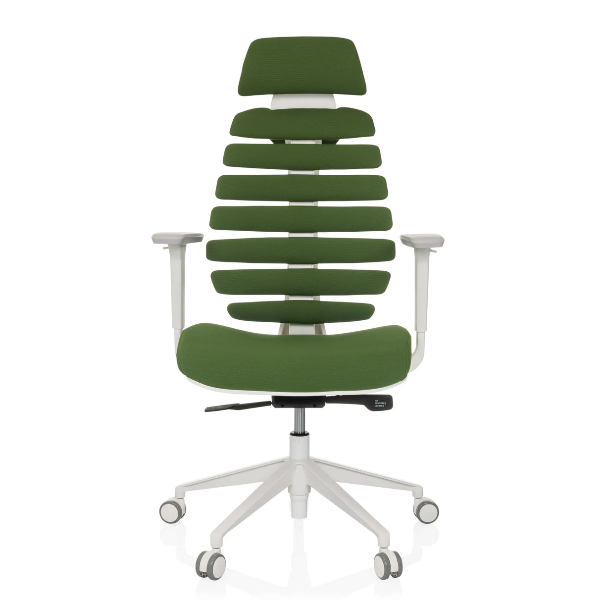 Silla de oficina profesional ERGO LINE W verde con respaldo segmentado y base blanca de cinco ruedas de hjh OFFICE – vista de 360° (vista frontal 0°)