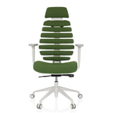 Silla de oficina profesional ERGO LINE W verde con respaldo segmentado y base blanca de cinco ruedas de hjh OFFICE – vista de 360° (vista frontal 0°)