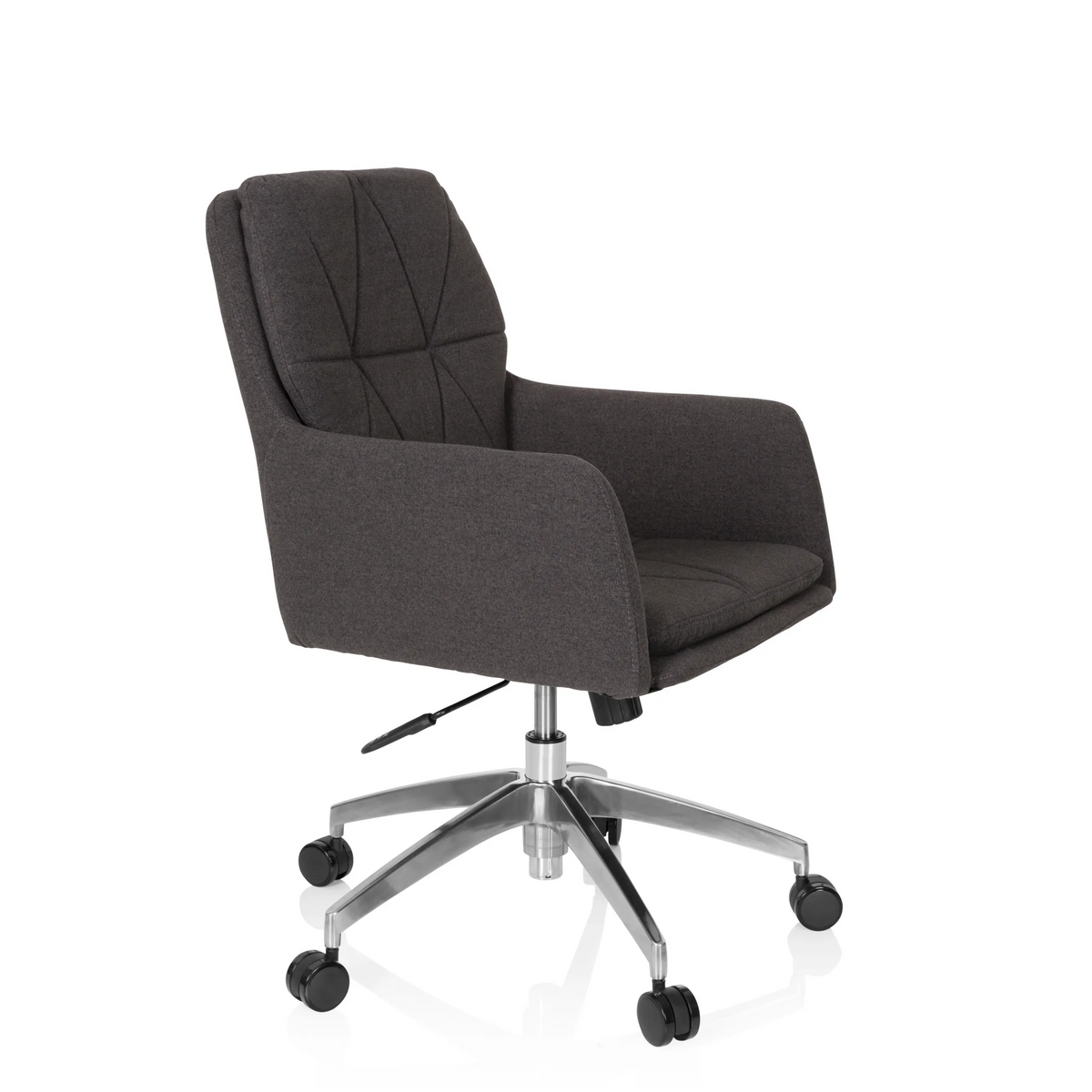 Silla Home Office SHAKE 350 en gris oscuro con patrón acolchado y base de cinco ruedas de hjh OFFICE – vista de 360° (vista frontal en diagonal 60°)