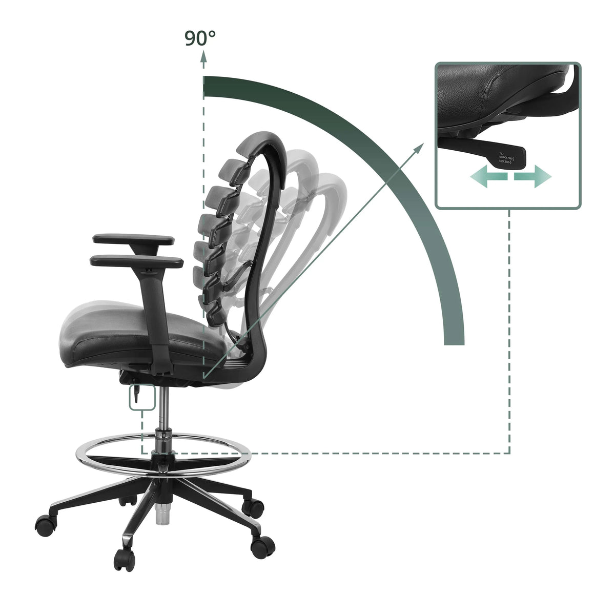 Respaldo ajustable con inclinación de 90 grados de la silla de mostrador ERGO LINE II WORK en cuero negro de hjh OFFICE