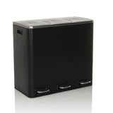 Papelera negra Clean 9 con tres compartimentos, tapas plateadas y pedales de hjh OFFICE – vista de 360° (vista frontal en diagonal 30°)