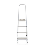 Escalera plegable SOLID II plateada de aluminio con cuatro peldaños y asa de hjh OFFICE – vista de 360° (vista frontal 0°)