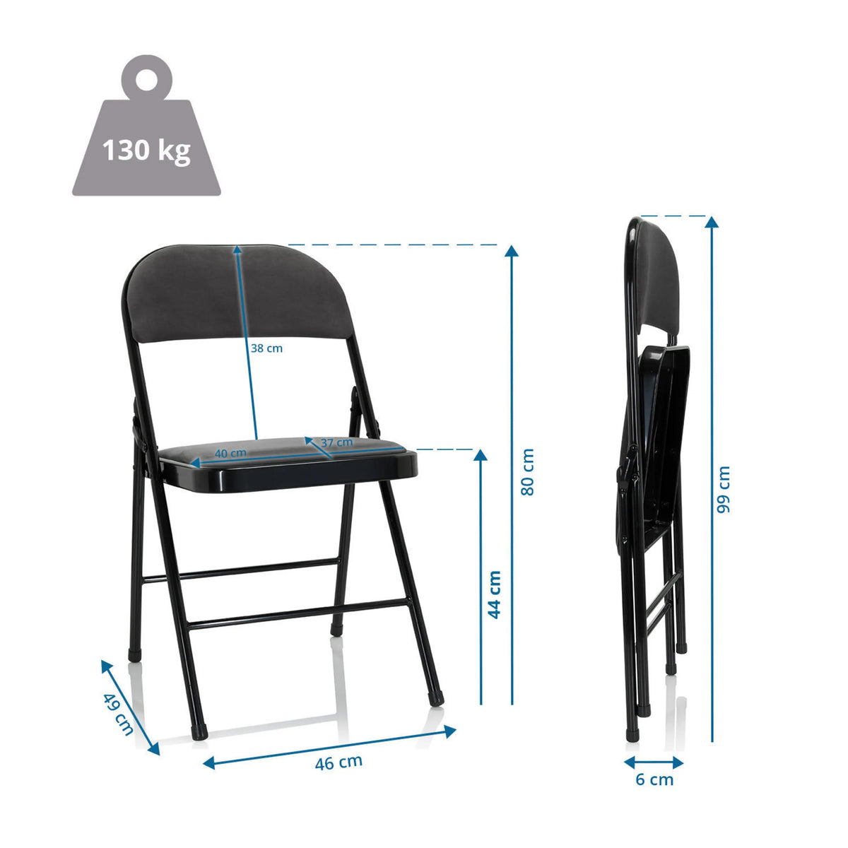 Dibujo dimensional de la silla plegable TUDELA I con una altura de 80 cm y una capacidad de carga de 130 kg de hjh OFFICE