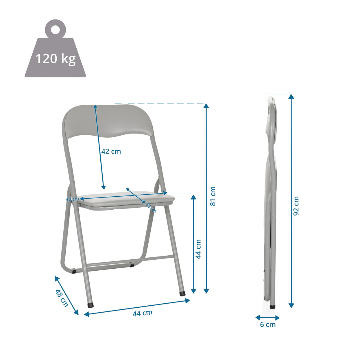 Dibujo dimensional de la silla plegable TUDELA BASIC con una altura total de 92 cm y una capacidad de carga de 120 kg de hjh OFFICE