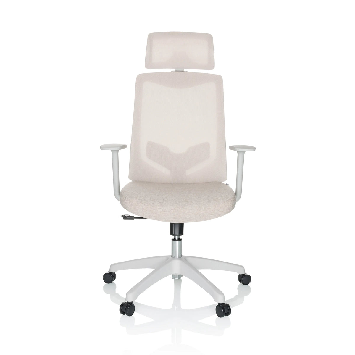Silla Home Office MIKEO W beige con reposacabezas y base blanca de cinco ruedas de hjh OFFICE – vista de 360° (vista frontal 0°)
