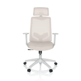 Silla Home Office MIKEO W beige con reposacabezas y base blanca de cinco ruedas de hjh OFFICE – vista de 360° (vista frontal 0°)