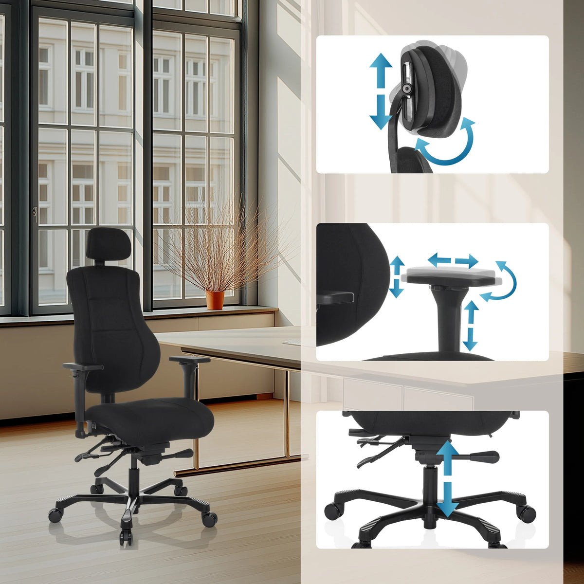 Opciones de ajuste del reposacabezas, la altura del asiento y el muelle de gas de la Silla giratoria XXL 24 HOURS BASIC en negro de hjh OFFICE