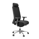 Silla de oficina profesional PRO-TEC XXL negra con tapizado de tela, reposacabezas y base de cinco ruedas de hjh OFFICE – vista de 360° (vista frontal en diagonal 60°)