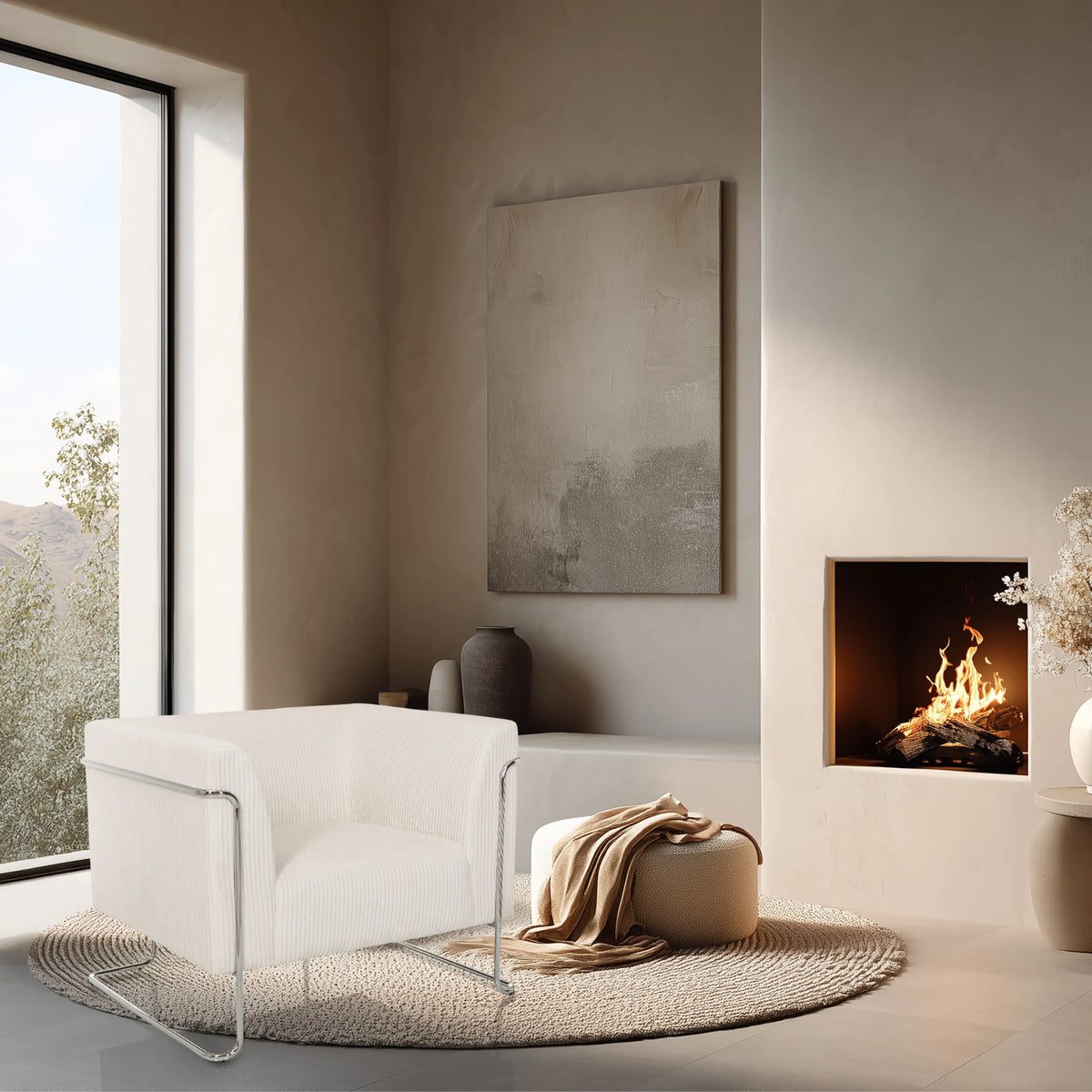 Sillón de diseño Curacao Cord blanco con una estructura metálica continua de hjh LIVING