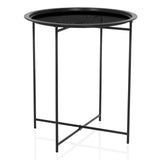 Mesa auxiliar ALLRUND negra de metal con tablero redondo perforado y base en cruz de hjh LIVING – vista de 360° (vista frontal 15°)