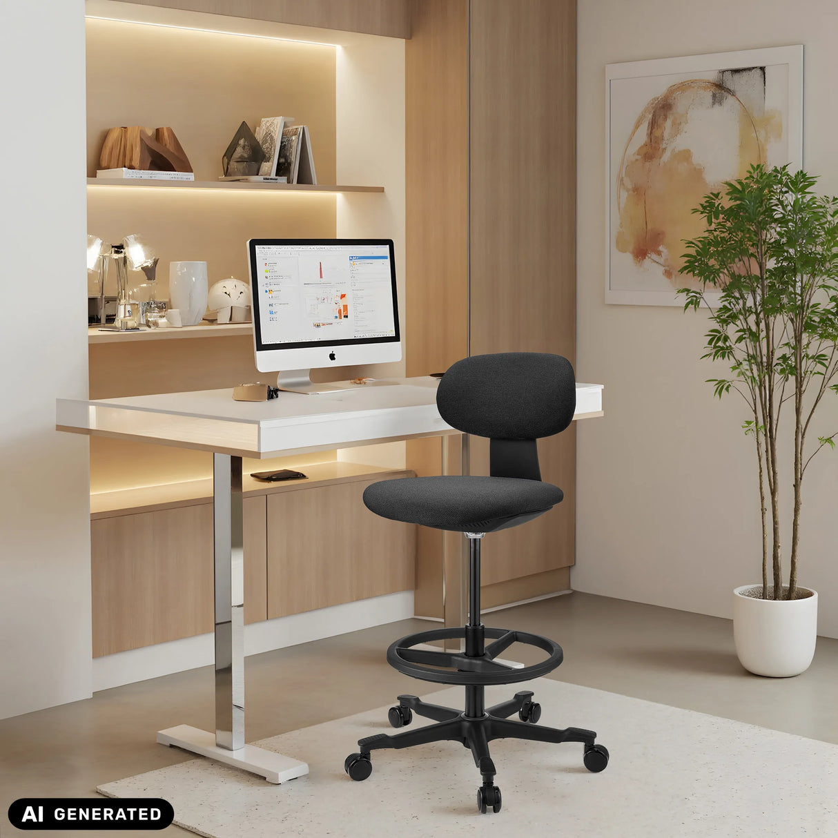 Silla de trabajo WORK MF2 negra con reposapiés y ruedas delante de un escritorio blanco de hjh OFFICE (imagen generada por IA)