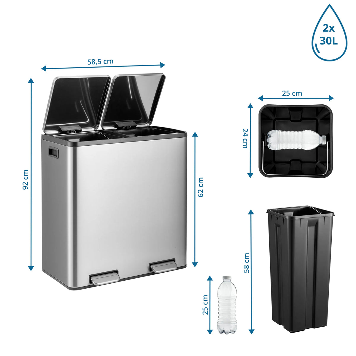 Dibujo dimensional de la papelera Clean 13 S con una altura de 92 cm y dos cubos de 30 litros de hjh OFFICE
