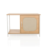 Weiß-buchenfarbenes Katzenhaus KITTYHOME 1 mit einem offenen Fach und einem Schrank mit Stofftür von hjh LIVING – 360-Grad-Ansicht (Frontansicht 0°)