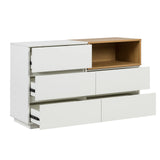 Aparador blanco MELMO S con detalle en madera de roble y tres cajones parcialmente abiertos de hjh LIVING
