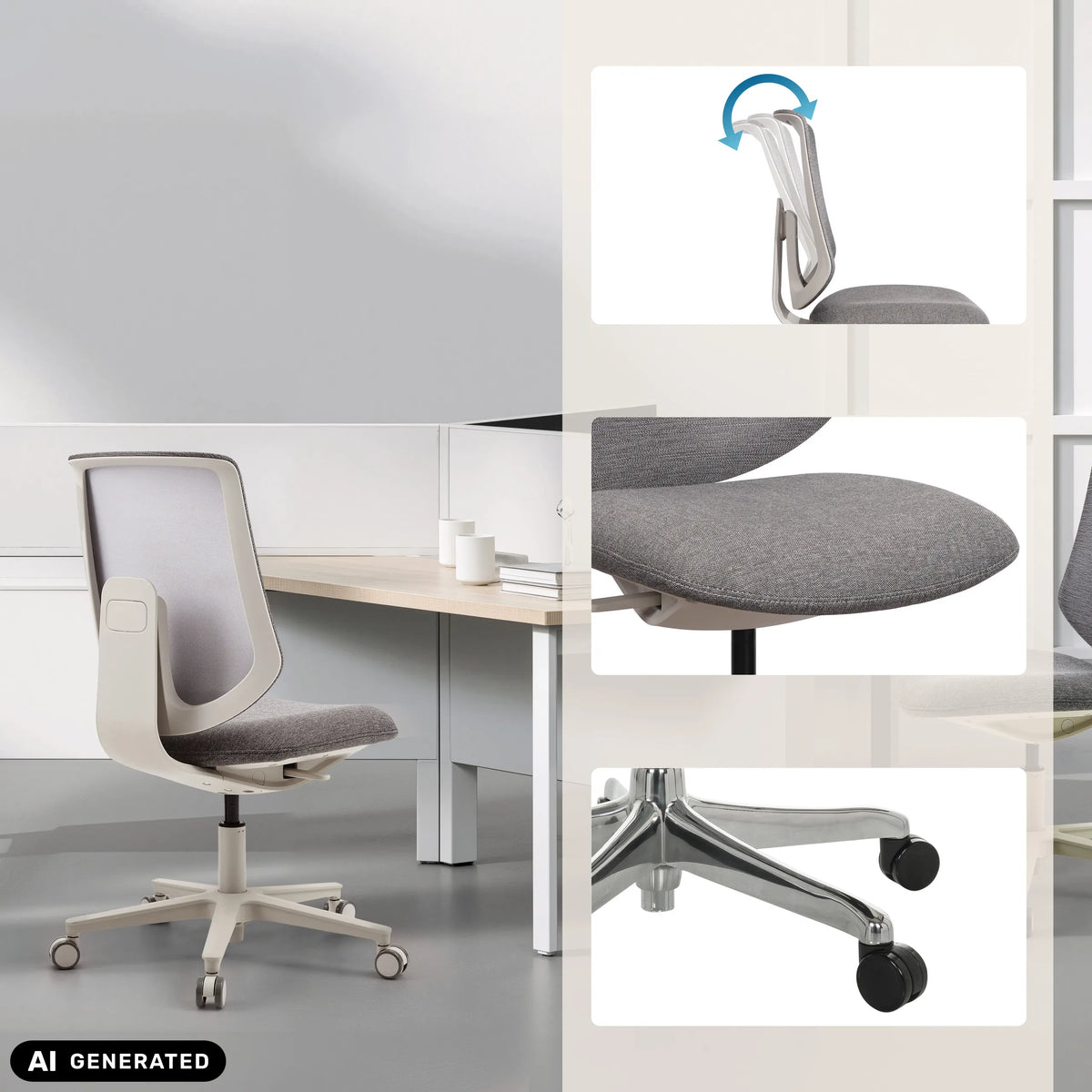 Silla Home Office Sitflex Lady gris con detalles del respaldo, el asiento y las ruedas de hjh OFFICE (imagen generada por IA)