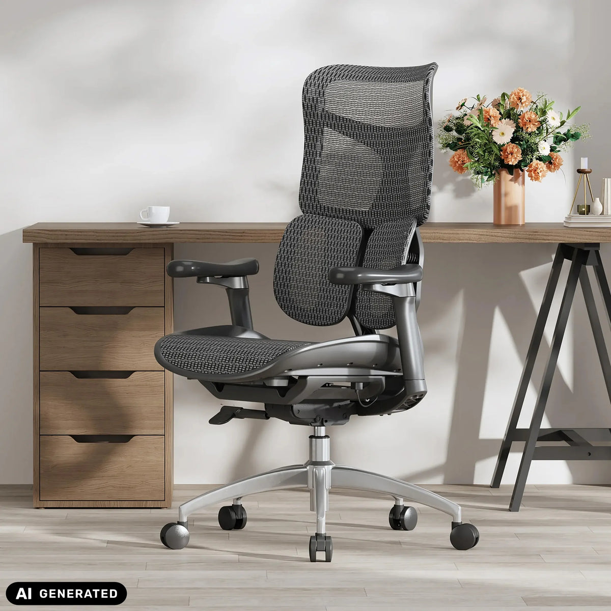 Silla de oficina profesional S100-M301 en negro con respaldo de malla y reposabrazos ajustables de Sihoo (imagen generada por IA)
