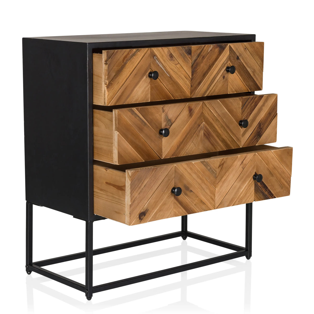 Aparador SANTJAGO BLACK SUN L con tres cajones en color madera con patrón de espiga y estructura negra de hjh LIVING