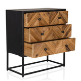 Aparador SANTJAGO BLACK SUN L con tres cajones en color madera con patrón de espiga y estructura negra de hjh LIVING