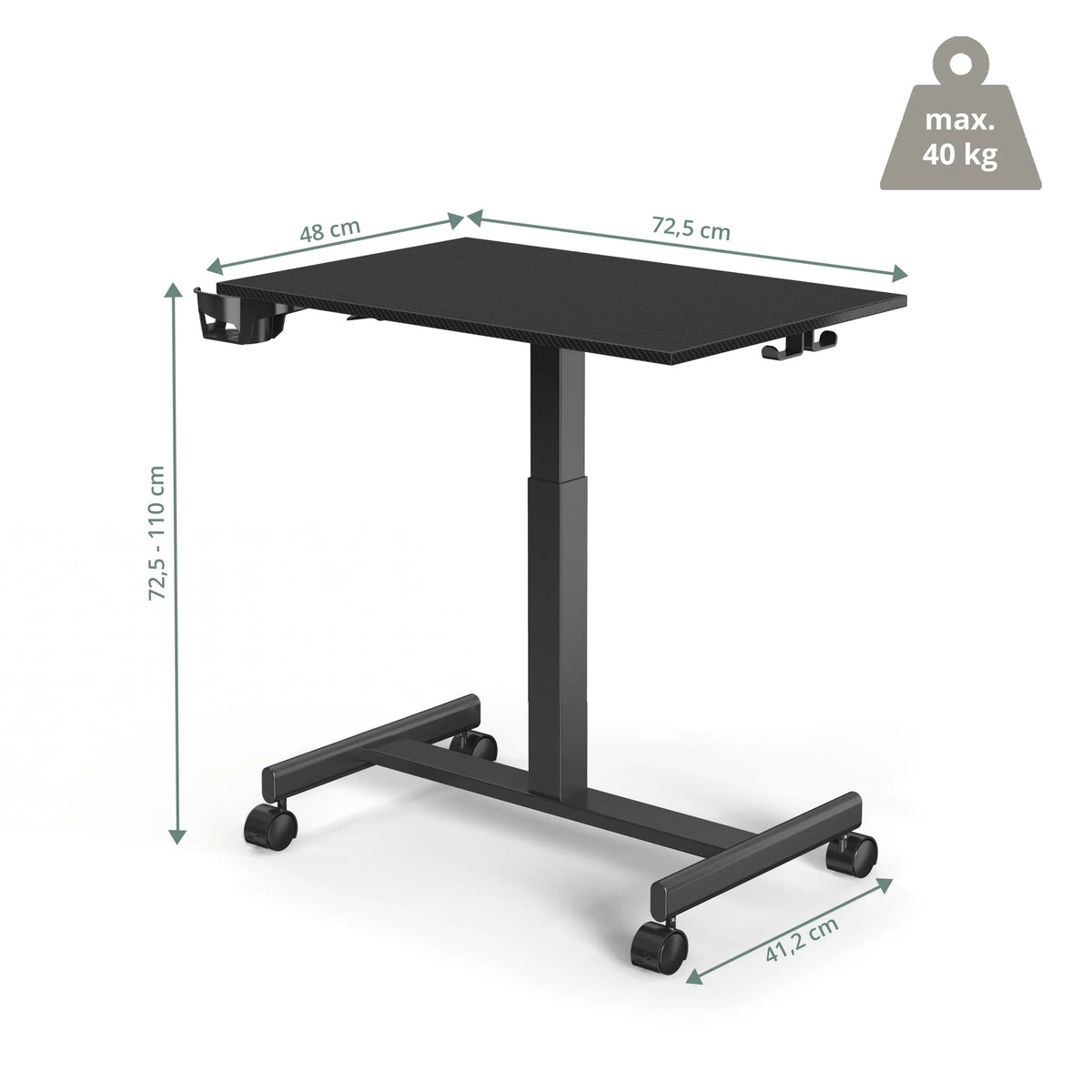 Dibujo dimensional del escritorio de pie Stand K con una anchura de 72,5 cm de hjh OFFICE