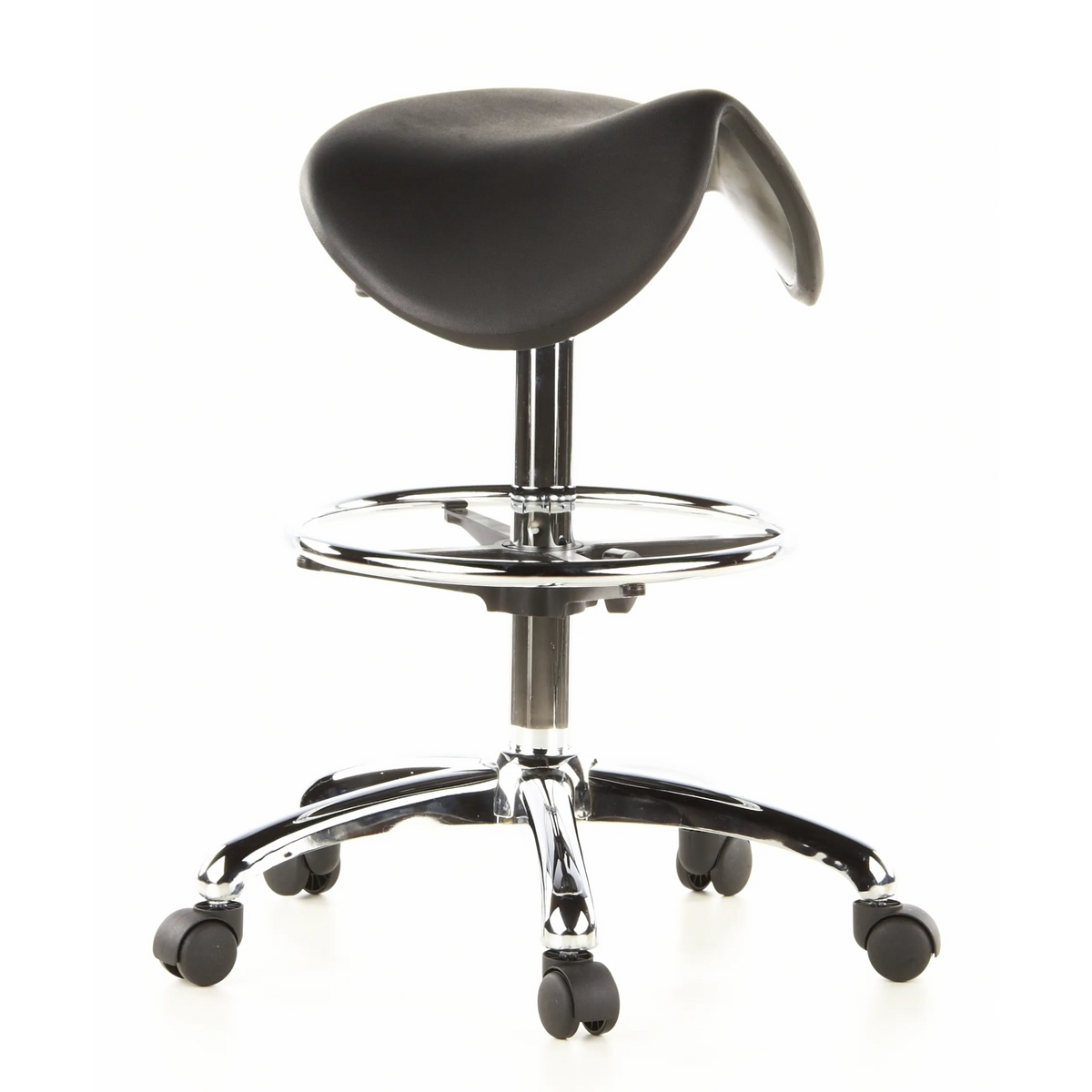 Taburete de silla de montar TOP WORK 13 negro con aro reposapiés y base de cinco ruedas de hjh OFFICE – vista de 360° (vista frontal en diagonal 40°)